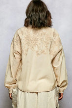Beige long sleeve pol embroidery button down washed shirt with delicate floral lace detailing on back and sleeves