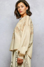 Beige pol embroidery button down long sleeve washed shirt with delicate floral patterns and slightly puffed sleeves