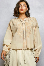 Beige long sleeve embroidered blouse with delicate floral patterns and pol embroidery button down long sleeve washed shirt