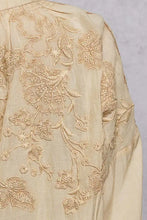 Beige linen long sleeve washed blouse with intricate pol embroidery button floral design in matching thread