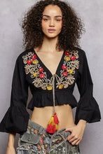Black floral embroidered cropped blouse with vibrant red and gold embroidery flared sleeves and drawstring neckline