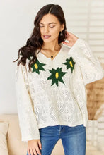 POL Floral Embroidered Pattern V-Neck Sweater Cream Sweater Pullovers