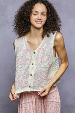 Off-white sleeveless pol floral embroidered v neck vest with pink floral embroidery lace crochet and wooden buttons