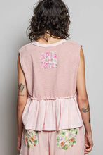A soft pink sleeveless top with floral patch ruffled details and gathered waist from pol collection