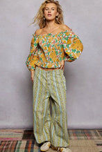 Pol floral print off-shoulder smocked blouse with puff sleeves and yellow rose floral print on white background cropped fit