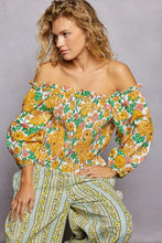 Pol floral print off-shoulder smocked blouse with puff sleeves in vibrant yellow green and pink floral print on white background