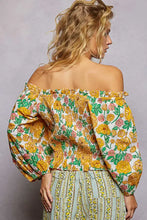 Pol floral print off-shoulder smocked blouse with bold yellow pink and green rose floral print on white fabric