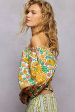 Pol floral print off-shoulder smocked blouse with vibrant yellow rose and pink blossom pattern on white background