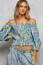 Pol floral blue and green floral print off-the-shoulder crop top with smocked bodice and puffed sleeves