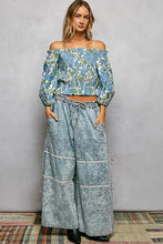 Blue and green pol floral print off-shoulder crop top with smocked bodice and puffy sleeves