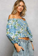 Blue floral print off-shoulder crop top with smocked bodice and puffed sleeves from pol floral collection