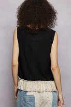 Black sleeveless pol floral print v neck textured tank with knit fabric and floral ruffled hem for stylish wear