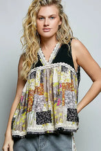 Pol floral sheer tank featuring a patchwork floral sleeveless top with black corduroy and lace trim detail