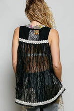Black pol floral sheer tank sleeveless top with lace trim featuring patchwork collar and white crochet accents