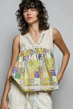 Pol floral v neck sleeveless top with colorful patchwork ribbed bodice and delicate lace trim