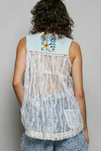 Back view of pol floral light blue sheer tank with floral embroidered panel and white lace trim overlay