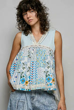 Pol floral light blue sheer tank with patchwork floral and striped patterns accented by lace trim on neckline and hem