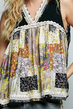 Pol floral sheer tank with patchwork floral top lace trim and black ribbed straps for stylish layering