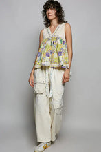 Pol floral v neck sleeveless top in cream yellow and purple patchwork floral fabric with lace trim