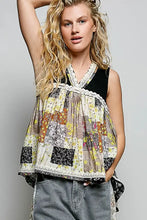 Pol floral sheer tank patchwork top with black ribbed inner layer and lace trim featuring floral and geometric prints