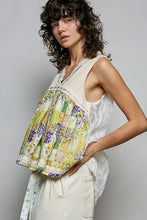 Pol floral v neck patchwork sleeveless top in cream with vibrant floral patterns and lace trim along neckline and hem