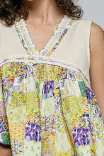 Pol floral sleeveless top with vibrant floral v neck patchwork and lace trim on off-white sheer fabric