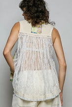 Back view of a white pol floral v neck sheer tank with lace trim patchwork detail and frayed hem sleeveless top