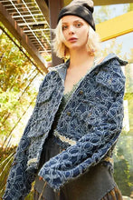 POL Flower Textured Raw Hem Long Sleeve Denim Jacket Dark Woman Outerwear