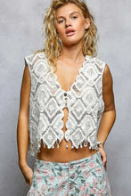 White lace crochet cropped vest with intricate diamond embroidery and scalloped edge fringe trim detail