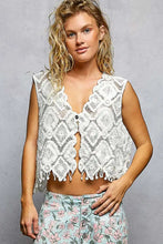 White lace crochet cropped vest featuring intricate diamond embroidery and scalloped edge fringe trim