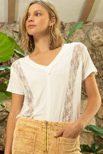 POL inset lace outseam detail short sleeve V-neck T-shirt in relaxed fit