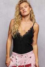 Black lace-trimmed pol lace neck ribbed camisole top with thin spaghetti straps in black color