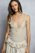 Beige pol lace v-neck ribbed cami with lace trim and delicate floral ruffle at the hem