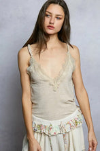 Beige pol lace neck ribbed cami with lace trim floral embroidery and ruffled hem for elegant layering