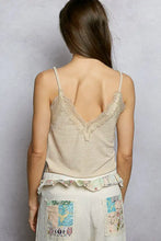 Beige pol lace neck ribbed cami with lace trim and scalloped neckline in soft textured fabric