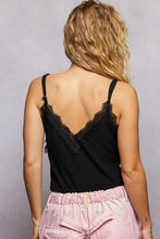 Black lace-trimmed pol lace neck ribbed camisole top with thin straps and v-shaped back detail shown from back