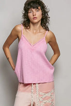 Pink textured knit cami with ribbed fabric and delicate lace trim at the v-neckline from POL
