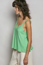 A light green ribbed cotton textured knit cami with delicate lace trim along the v-neckline