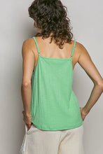 A light green textured knit cami with ribbed fabric and thin straps from the pol lace detail v-neck collection
