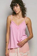 Pink textured knit cami with delicate lace trim at the neckline in a POL lace detail v-neck textured knit camisole