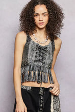 Black and gray patterned lace-up fringe hem tank with lace detail featuring a stylish fringe hem design
