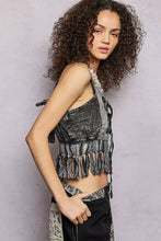 Black and gray patterned lace-up fringe hem tank with tie straps featuring lace detail and fringe hem design