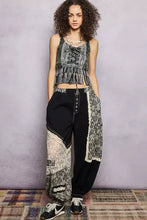 Black and gray patchwork pants with lace trim complement the POL fringe hem tank featuring lace detail hem tank design