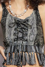 Black and gray lace-up crop top with fringe hem detailing featuring lace accents in a stylish fringe hem tank