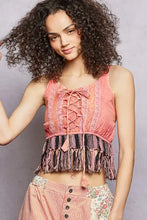 Pink lace-trimmed crop top with corset-style front lacing and fringe hem tank detail by POL lace-up hem tank