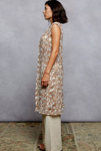 POL metal button crochet sleeveless longline cardigan in beige brown geometric weave