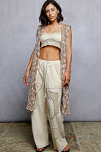 Beige waffle-knit pants with POL metal button crochet sleeveless longline cardigan