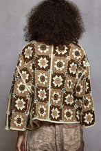 POL Open roomy fit cardigan back with varied patterns, crochet sunflower motifs