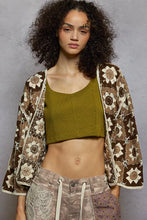Pol open front cardigan in brown cream patchwork with embroidered sunflowers varied patterns roomy fit
