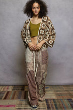 POL Open Front Cardigan in brown cream floral crochet with roomy fit varied patterns border accents